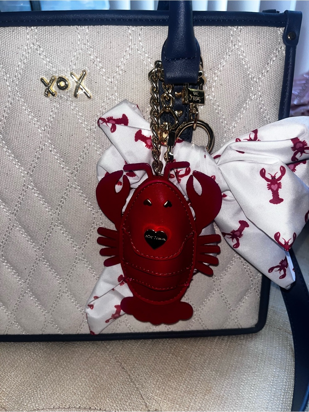 Betsey Johnson Cream Quilted Tote with Black Trim and Red Lobster Charm - Picture 3 of 5